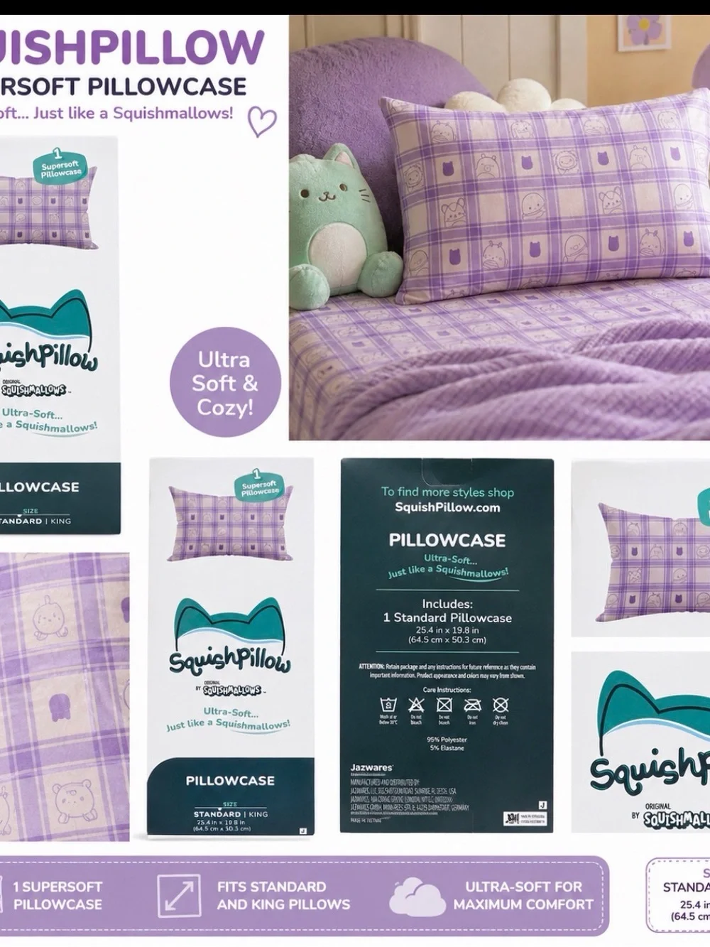 SquishPillow by Squishmallows Supersoft Pillowcase – Purple Plaid New In package